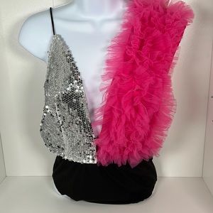 Sequin Frill Trim Plunging Neck Bodysuit